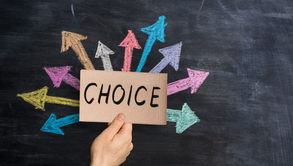 A hand holding a sign that says "Choice" with coloured arrow pointing out from under it